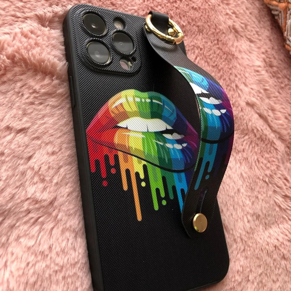 For iPhone 13 pro max phone case with wrist strap kickstand keychain lgbtq